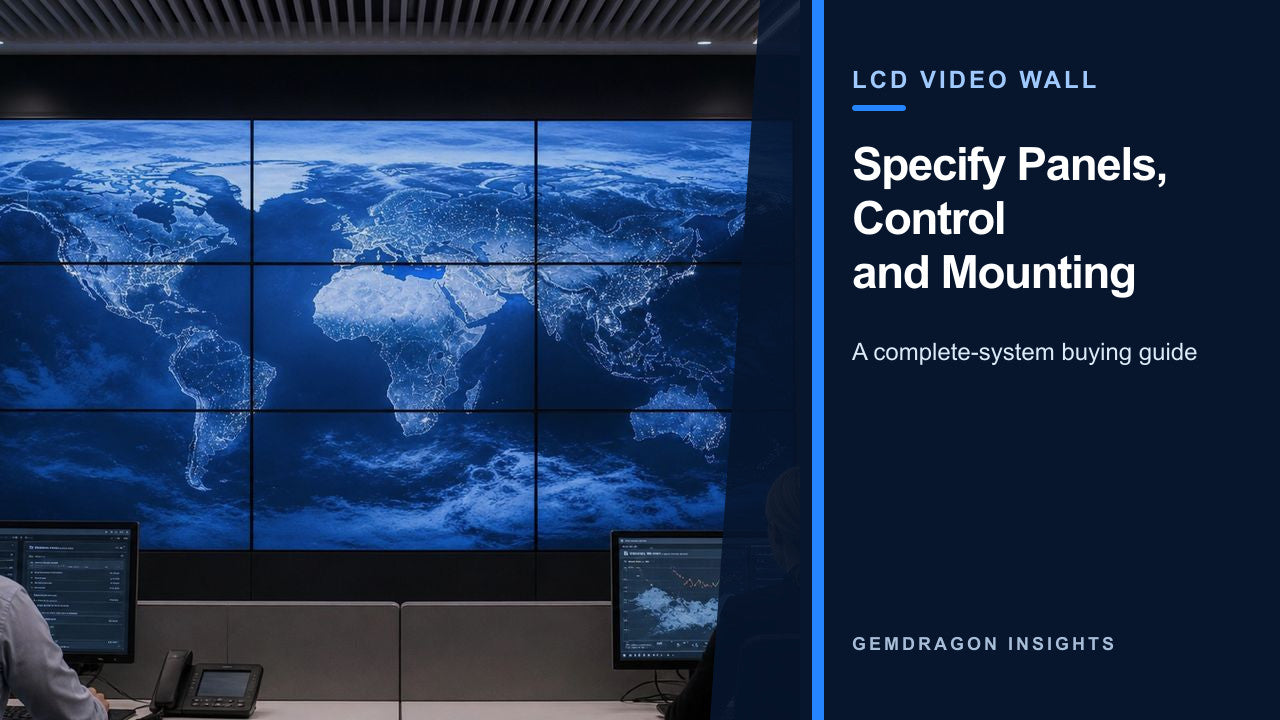LCD video wall in an operations room illustrating panels controllers and mounting