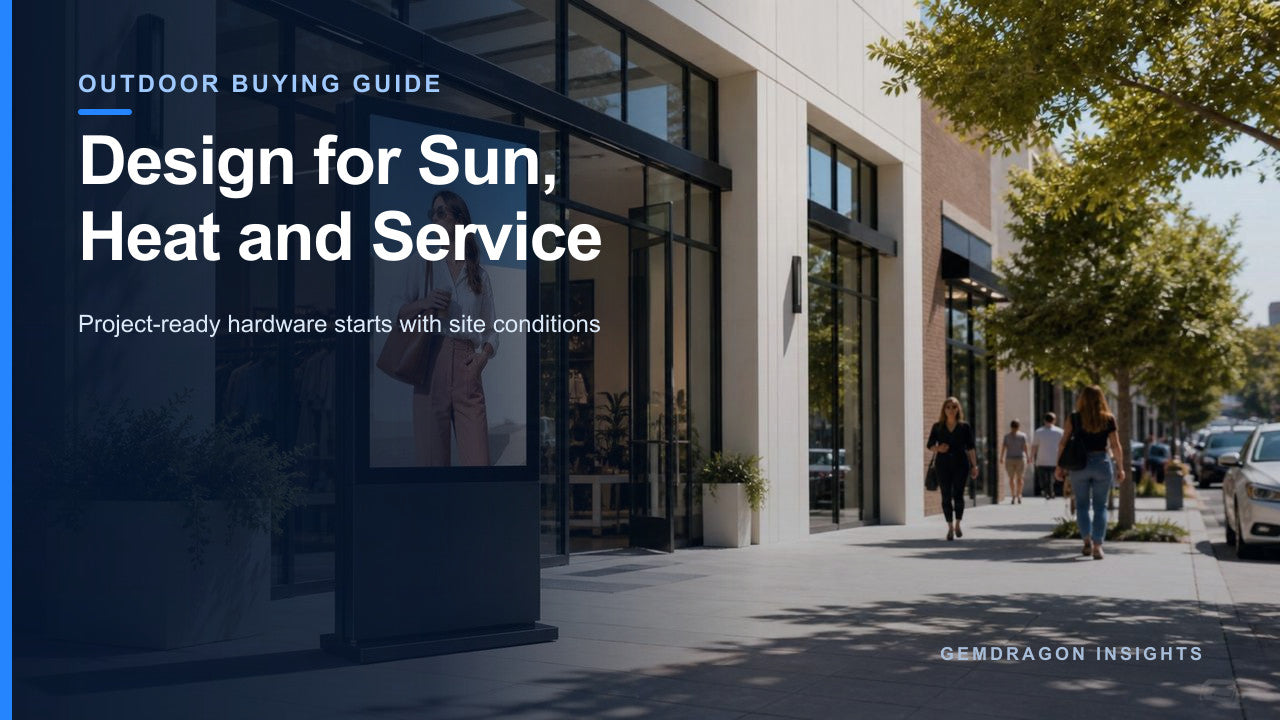 Outdoor commercial display in bright daylight illustrating sunlight heat and service planning
