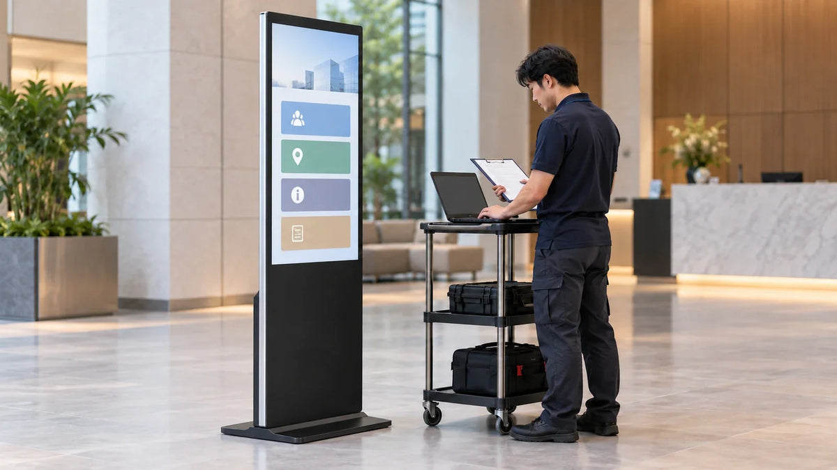 IT specialist reviewing the public-session restrictions of a freestanding display setup.