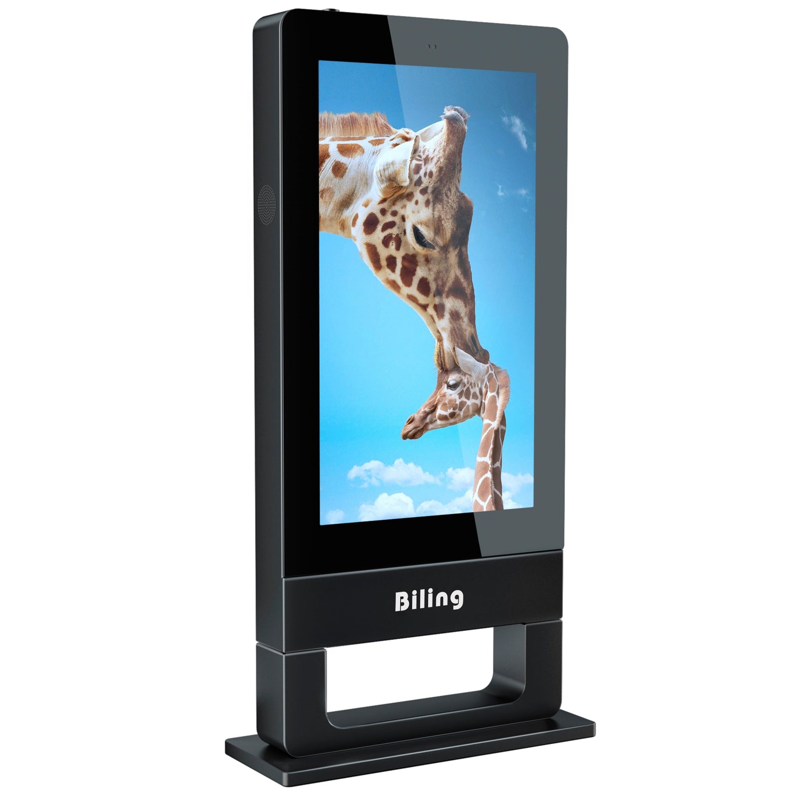 High brightness window-facing digital signage visible through a sunlit storefront
