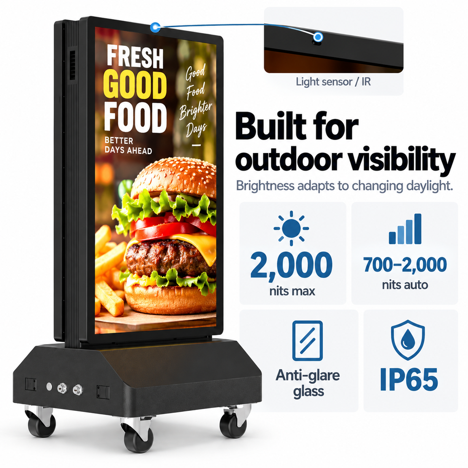 Supplier brightness, sensor, glass and enclosure feature illustration for double-sided signage.