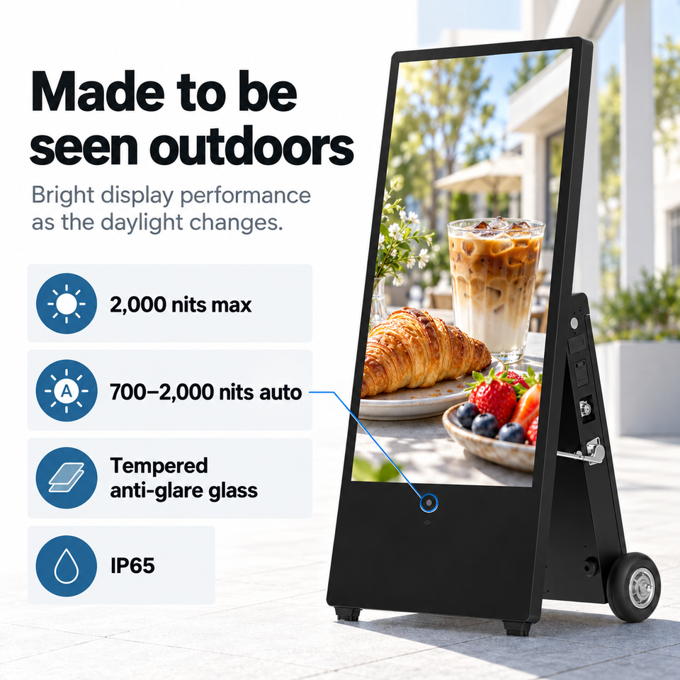 Supplier brightness, anti-glare glass and enclosure feature illustration for 43-inch portable signage.