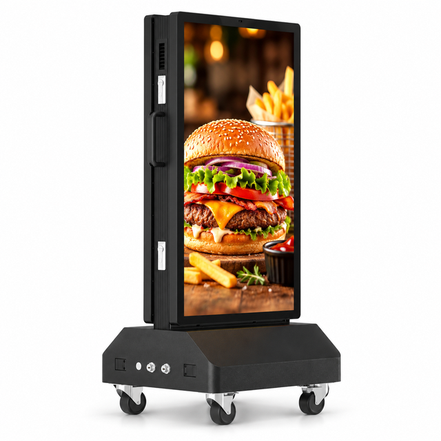 Full product view of the double-sided battery-powered signage on a wheeled base.