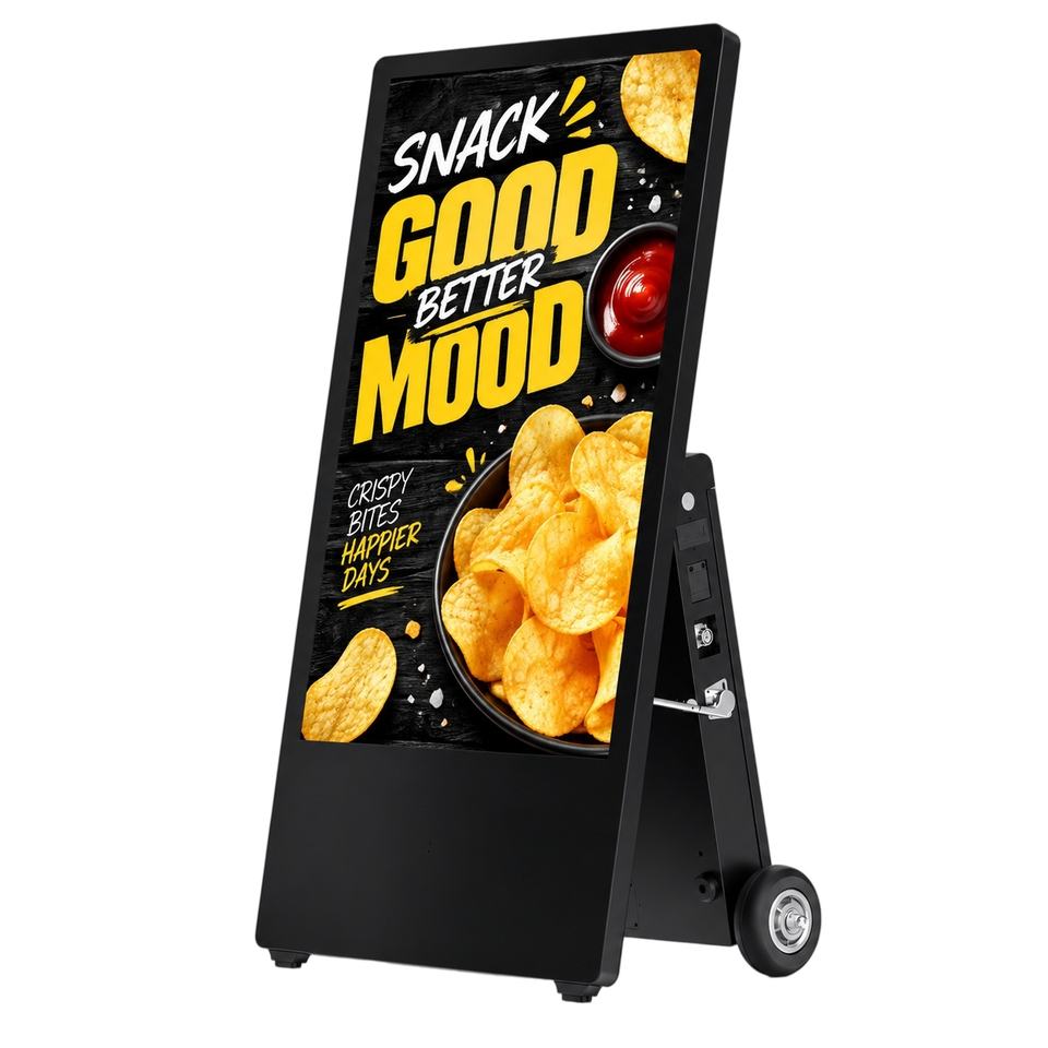 Full product view of the single-sided battery-powered portable digital signage with wheels.