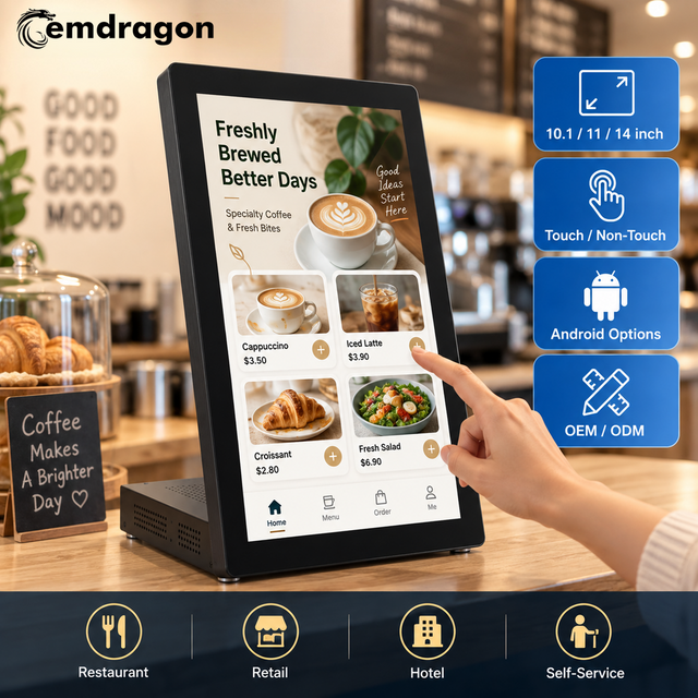 Supplier illustration of an L-shaped tabletop touchscreen display used at a restaurant counter.