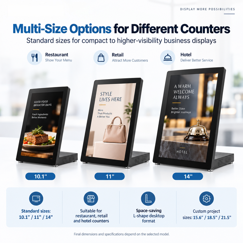 Supplier size-option reference for 10.1-inch, 11-inch, and 14-inch L-shaped tabletop displays.